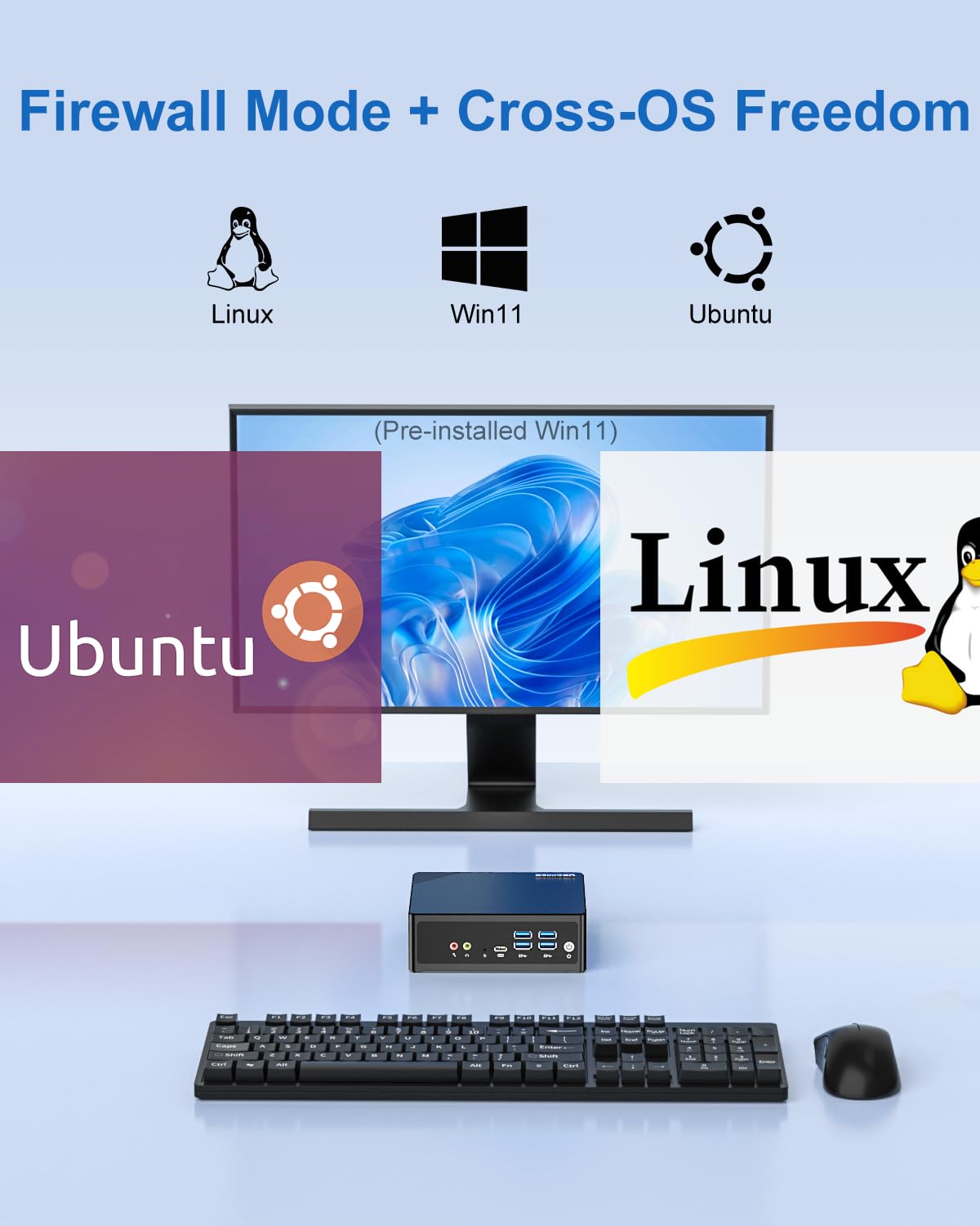 Mini PC N150, Mini Computadora de Escritorio con Win 11 Pro, 8GB DDR5, 256 GB NVME SSD, Triple Pantalla 4K(2 HD + 1 DP), WiFi6 BT5.2, Doble Gigabit LAN, 6 Puertos USB para Oficina y Negocios.