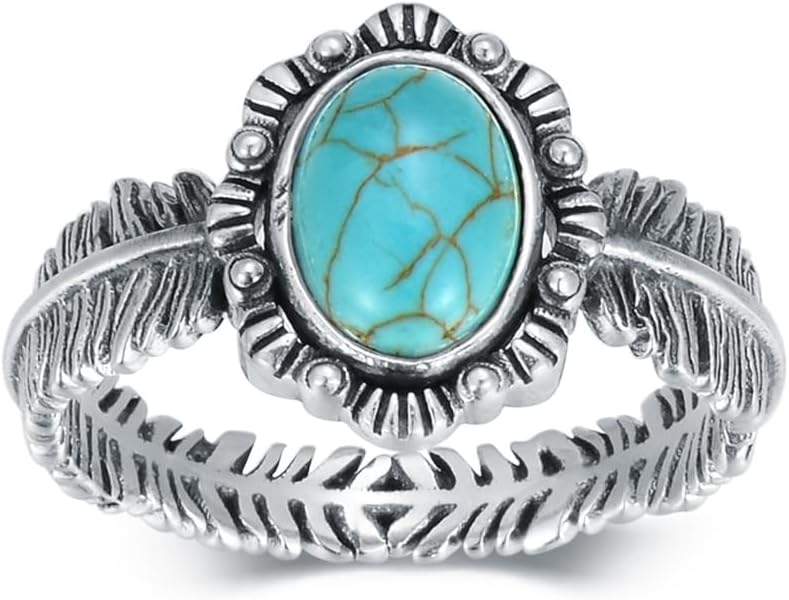 Native American Natural Turquoise Ring for Women Western Style Feather Rings 925 Sterling Silver Jewelry Gift for Birthday Mother's Day