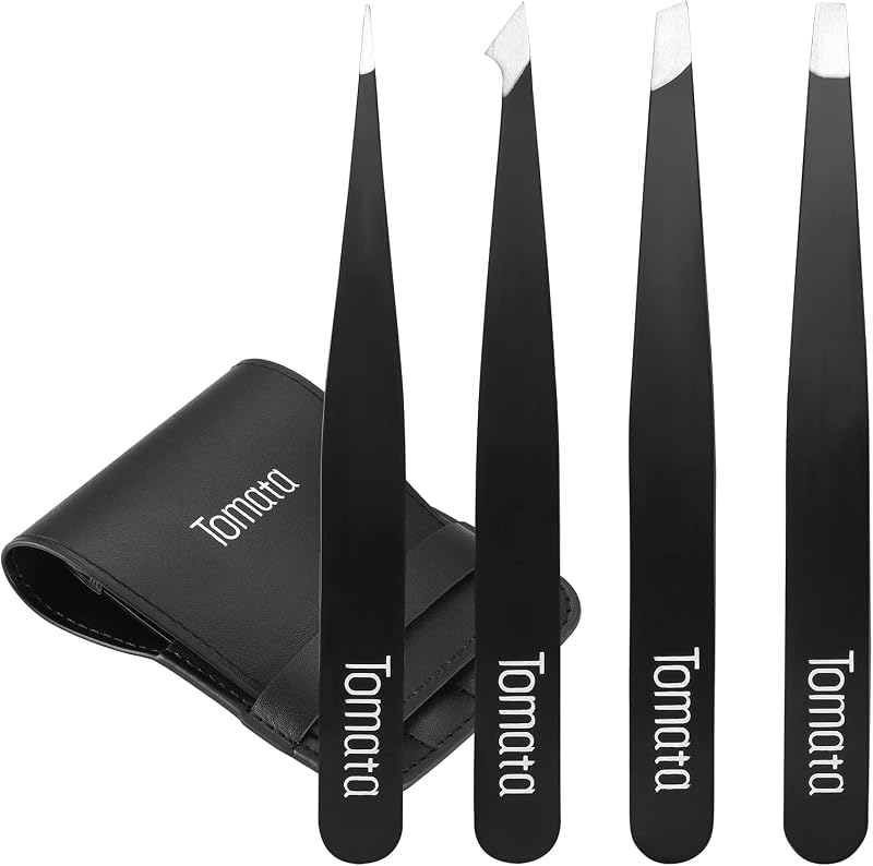Kit de Pinças Tomata com 4 Peças para Sobrancelhas, Pontas Reta, Chanfrada e Fina, Preta