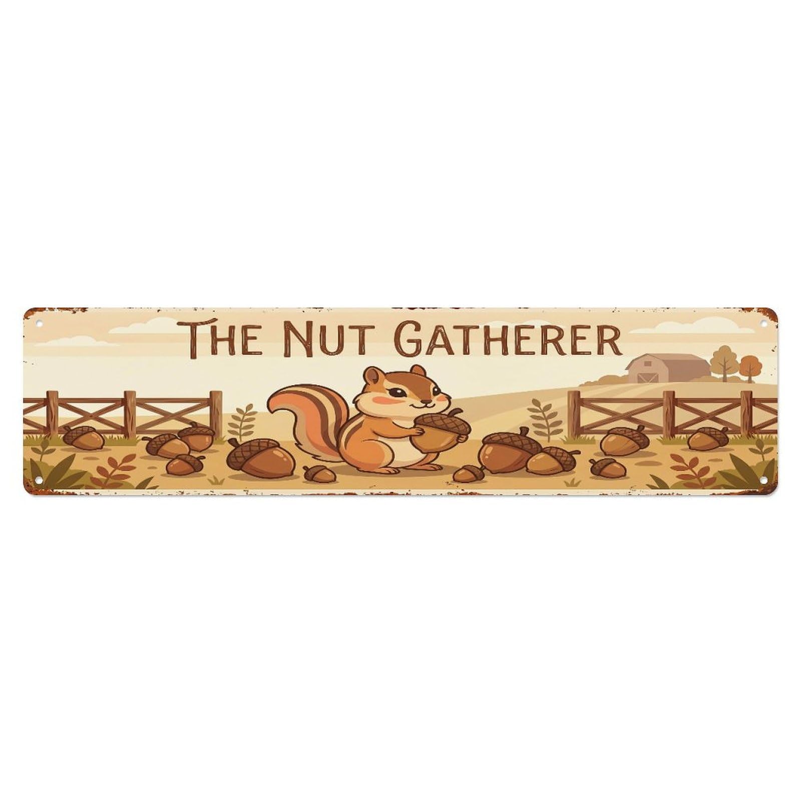 Metal Tin Sign Vintage Chipmunk Farm Scene The Nut Gatherer