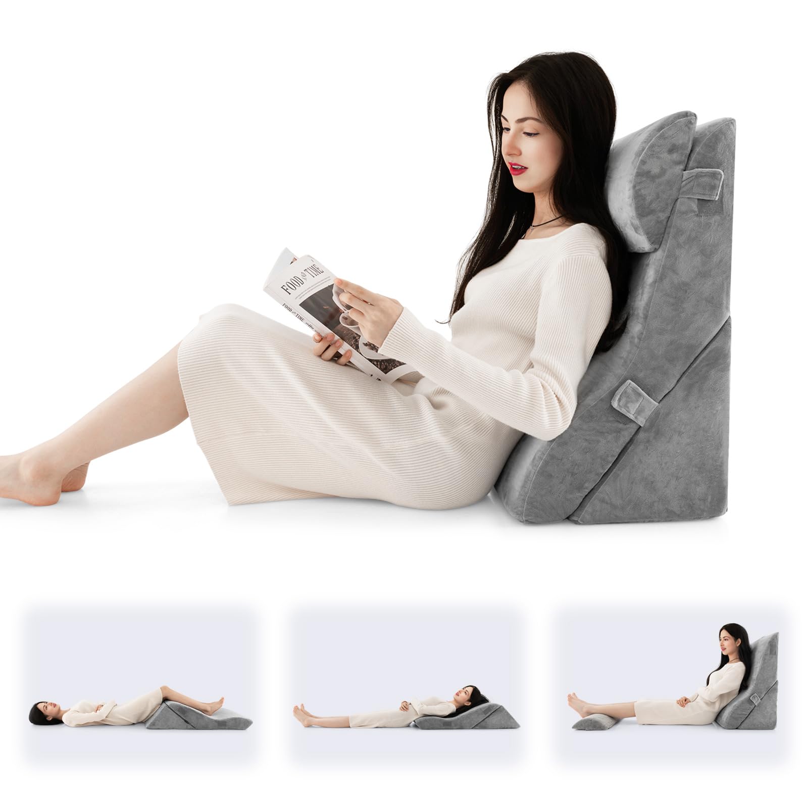 GOPLUS Juego de 3 cojines de cuña con cojín cervical extraíble y funda lavable, cojín de respaldo con espuma viscoelástica, soporte para la espalda, cojín de lectura para cama y sofá
