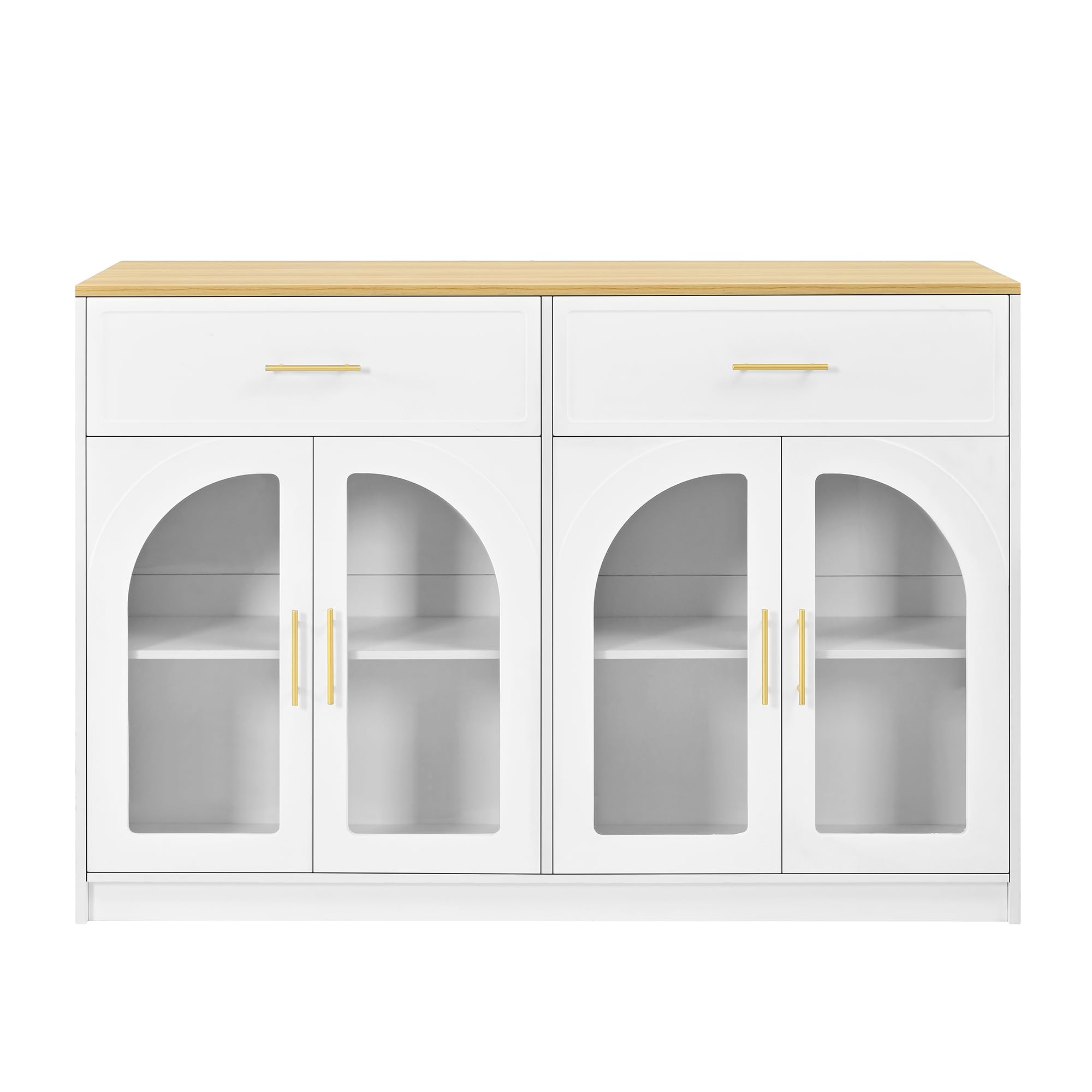 Isola da cucina con grande piano di lavoro, mobile da cucina autoportante con cassetti, ripiani regolabili e ante ad arco trasparenti, per sala da pranzo e cucina, bianco