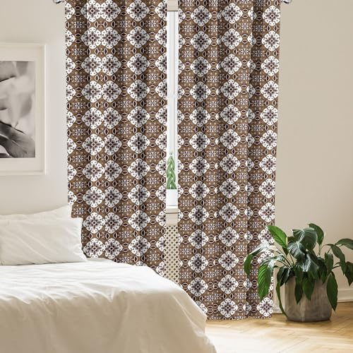Ambesonne Chocolate Curtains, Brown Toned Ancestral Batik Pattern with Floral Indonesian Motifs, Window Treatments 2 Panel Set for Living Room Bedroom, Pair of - 28" x 84", Brown White
