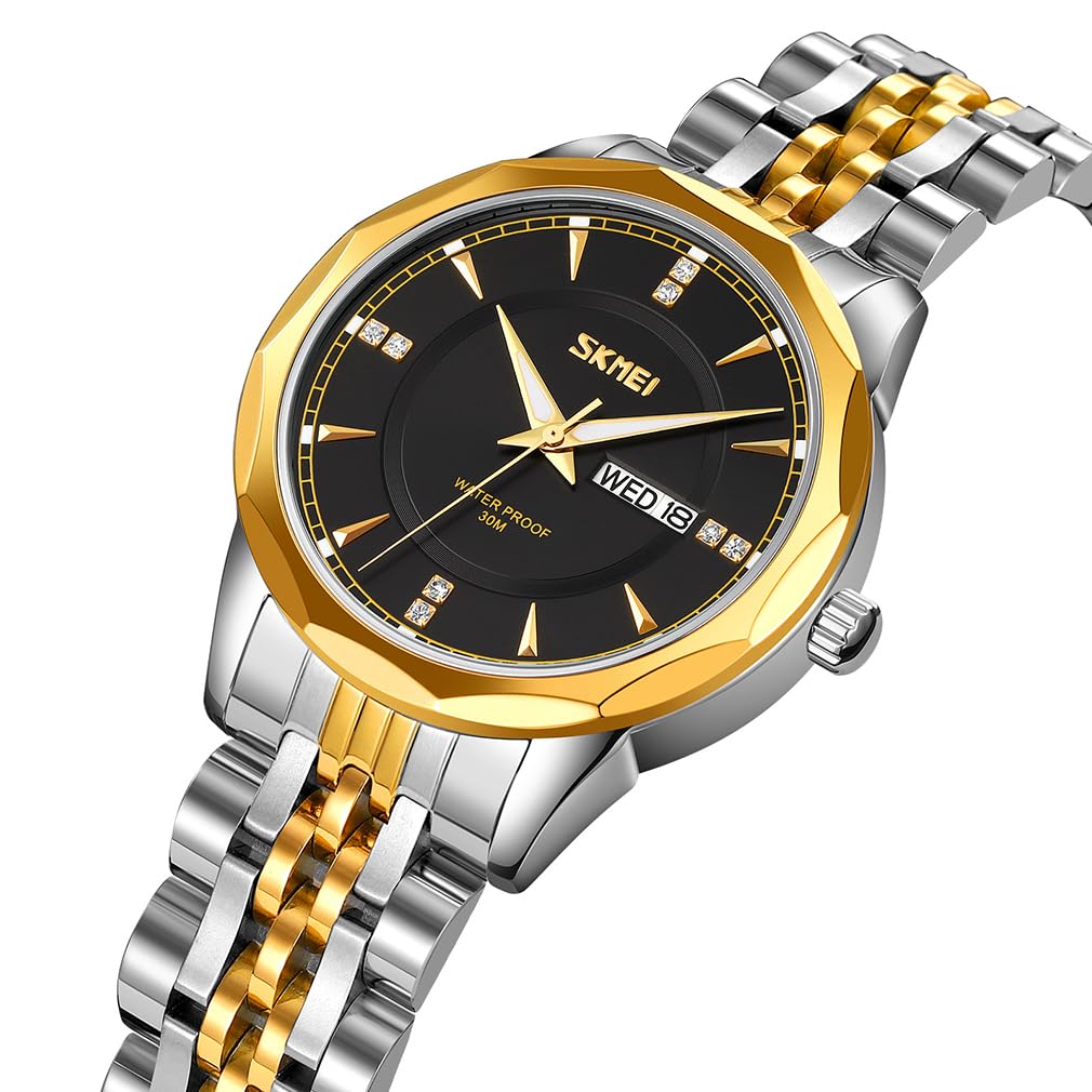 Relojes para mujeres mujeres vestido de acero inoxidable de lujo negocios clásico moda analógico cuarzo impermeable simple día fecha esposa niñas regalos oro plata reloj de pulsera SKMEI, Correa
