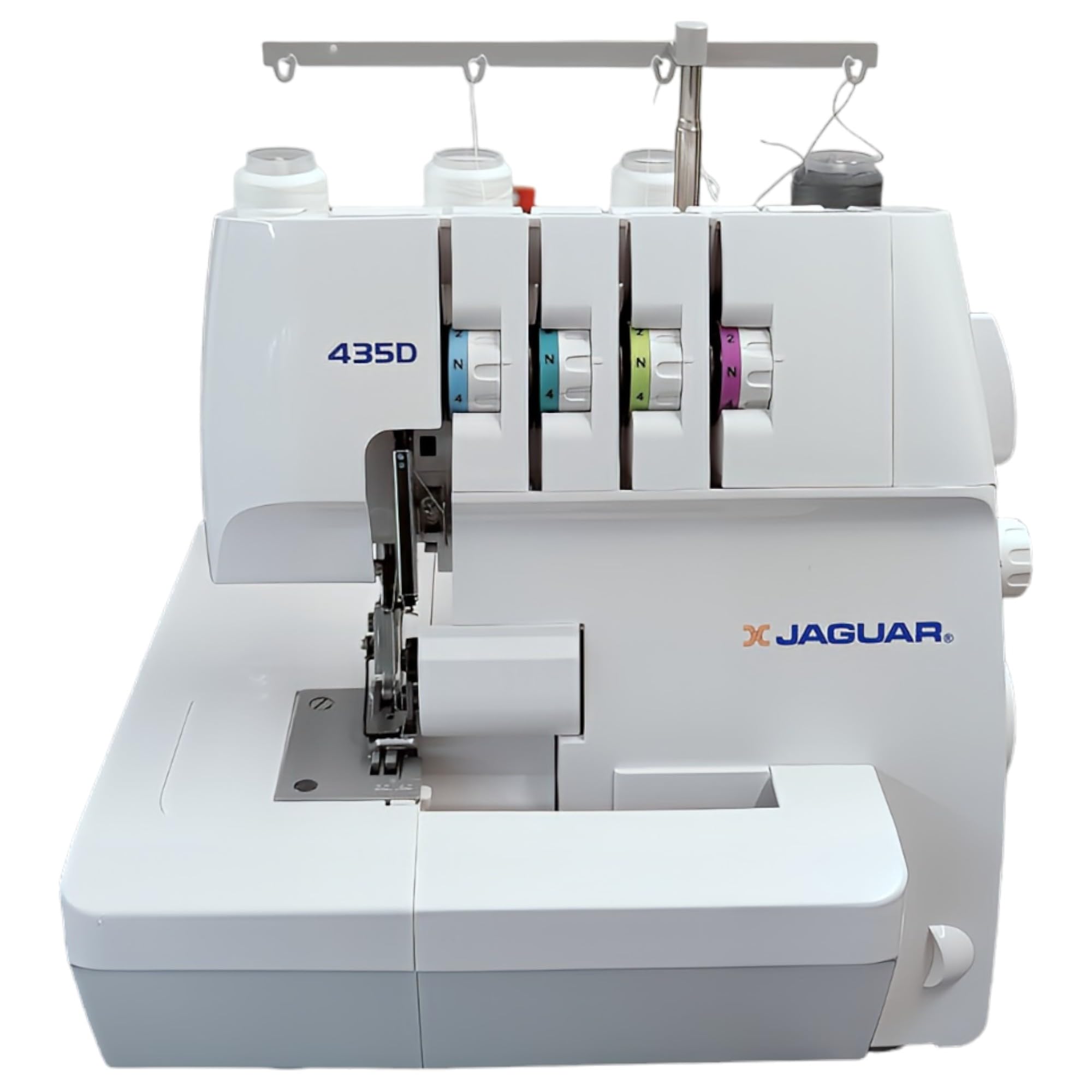 Jaguar 435D Tagliacuci Overlock, 3/4 Fili, Infilatura Codificata a Colori, Trasporto Differenziale, Tagliafilo Automatico, Braccio Libero, Bianco