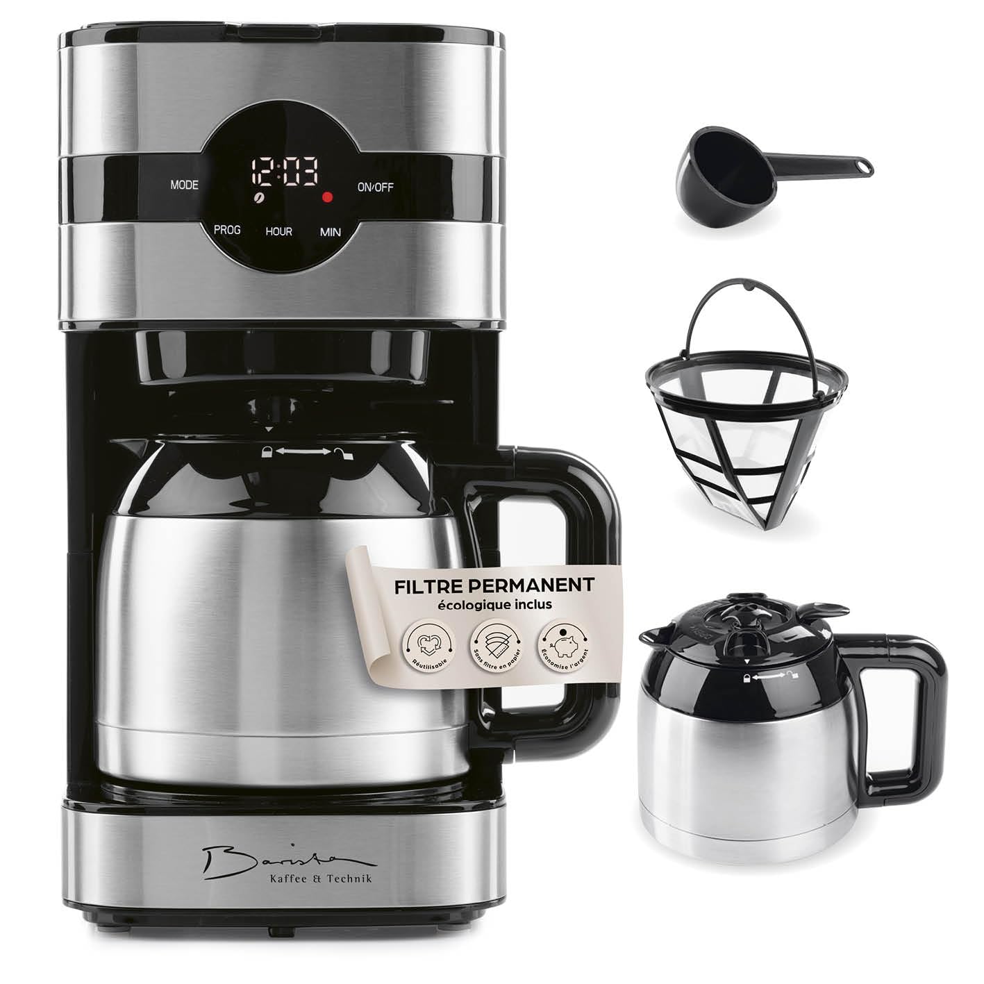 Barista Cafetière filtre avec thermos | Minuteur 24h & filtre permanent | Pour 8 tasses de café | Cafetière pour poudre [Acier inoxydable]