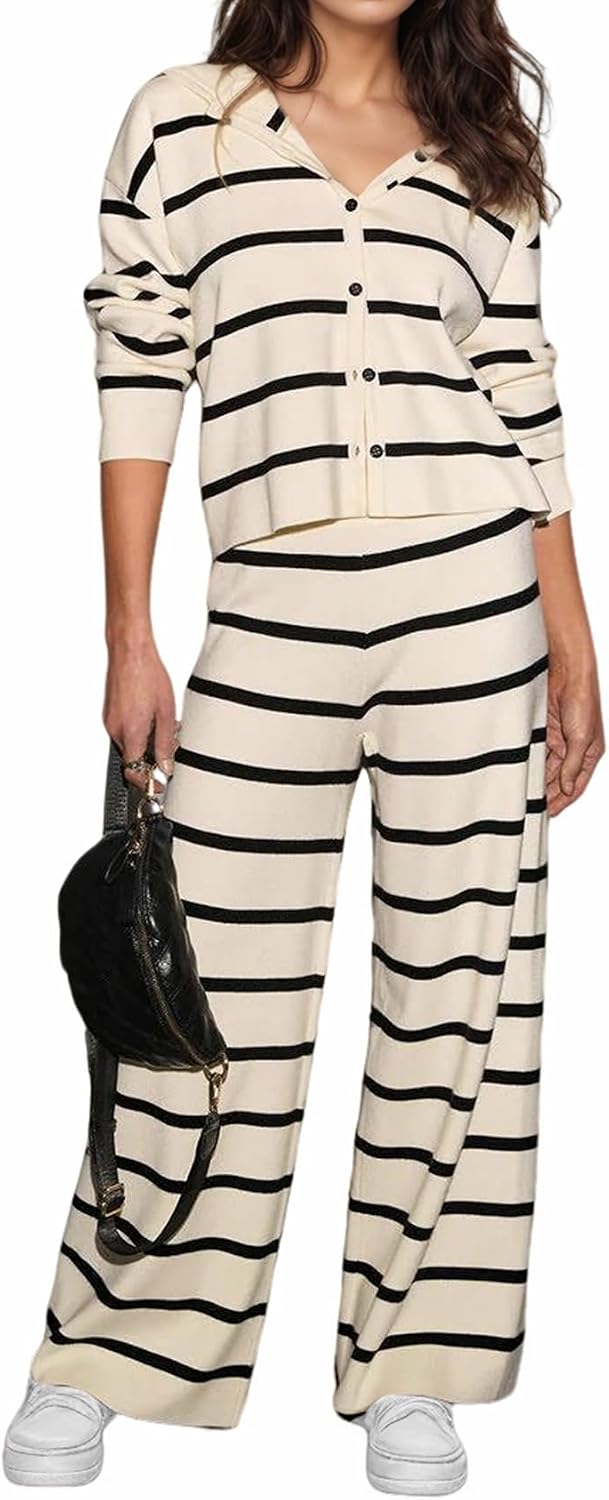 KFUBUO Women 2 Piece Lounge Sets Fall Outfits 2025 Sweatsuits Stripe V Neck Hooded Sweater Wide Leg Pants Set