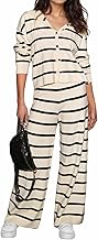 KFUBUO Women 2 Piece Lounge Sets Fall Outfits 2025 Sweatsuits Stripe V Neck Hooded Sweater Wide Leg Pants Set