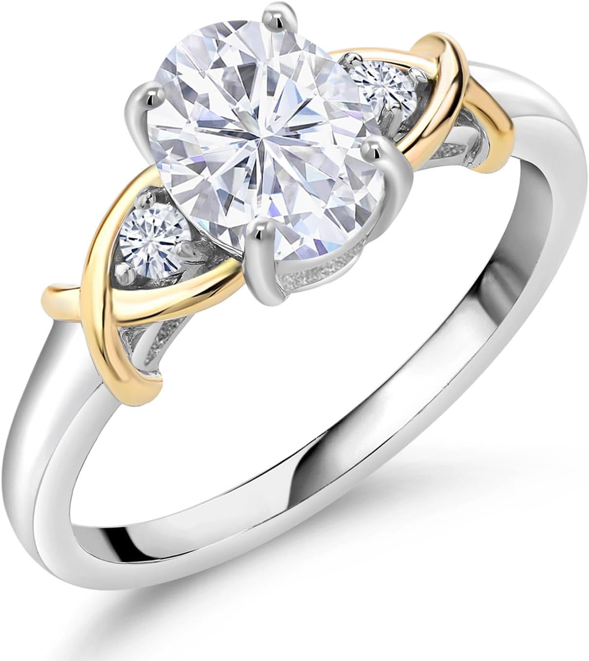Gem Stone King 1.58 Cttw White Moissanite 3-Stone Engagement Ring For Women | 925 Sterling Silver and 10K Yellow Gold | Oval 8X6MM | Three Stone Wedding Anniversary Promise Ring
