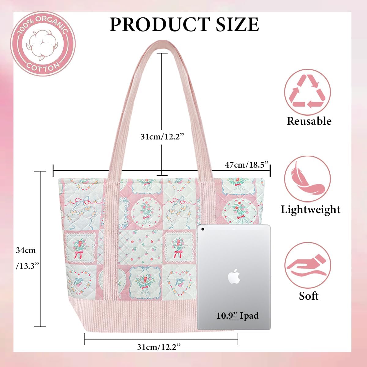 Sunwel Fashion Women Top Zipper Large Floral Quilted Tote Bag for Work Travel Gym Shopping - Image 4