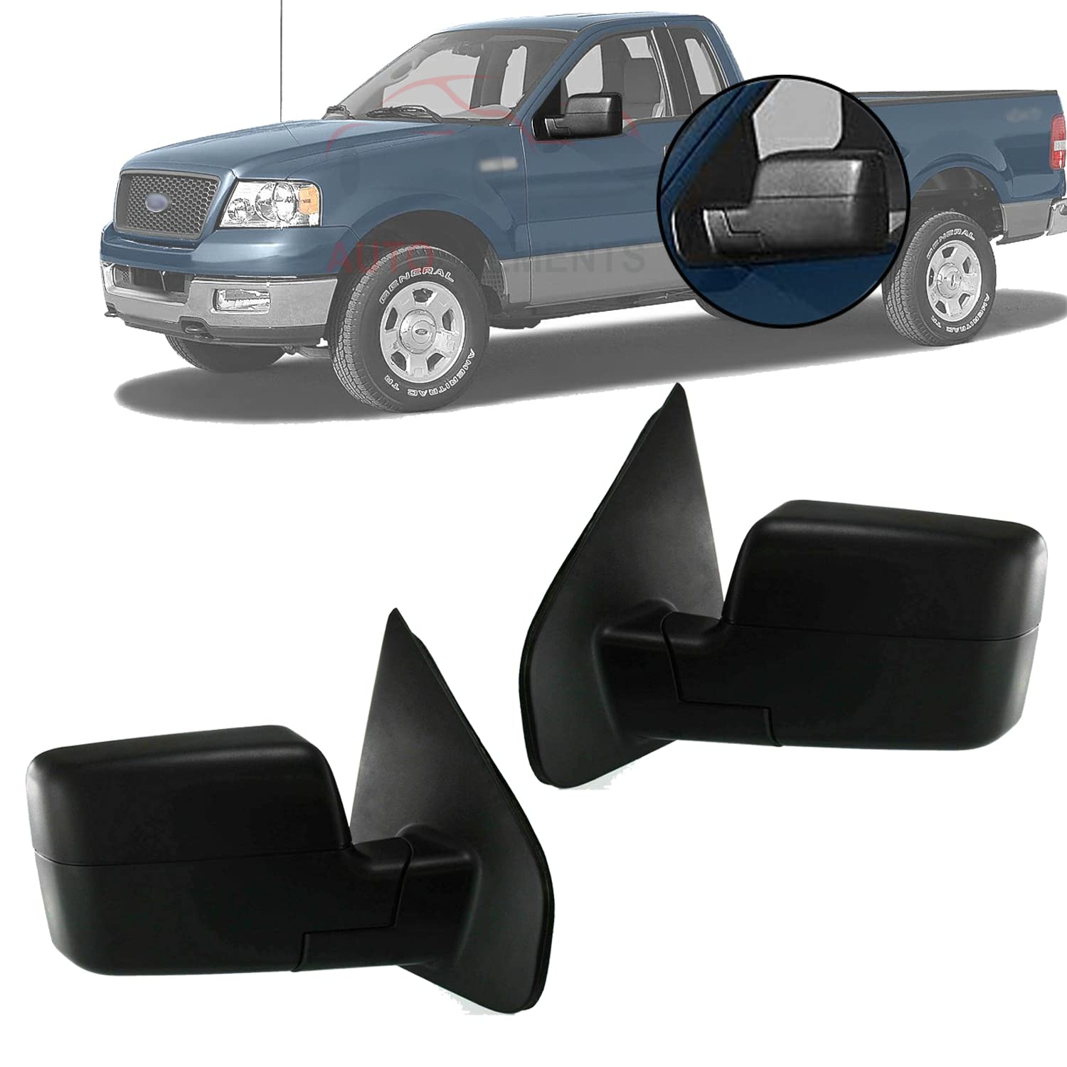 New Set of 2 Right Passenger & Left Driver Side Power Mirror Manual Folding Non-Heated Textured For 2004-2008 Ford F-150 Direct Replacement 8L3Z17683EA 8L3Z17682EA