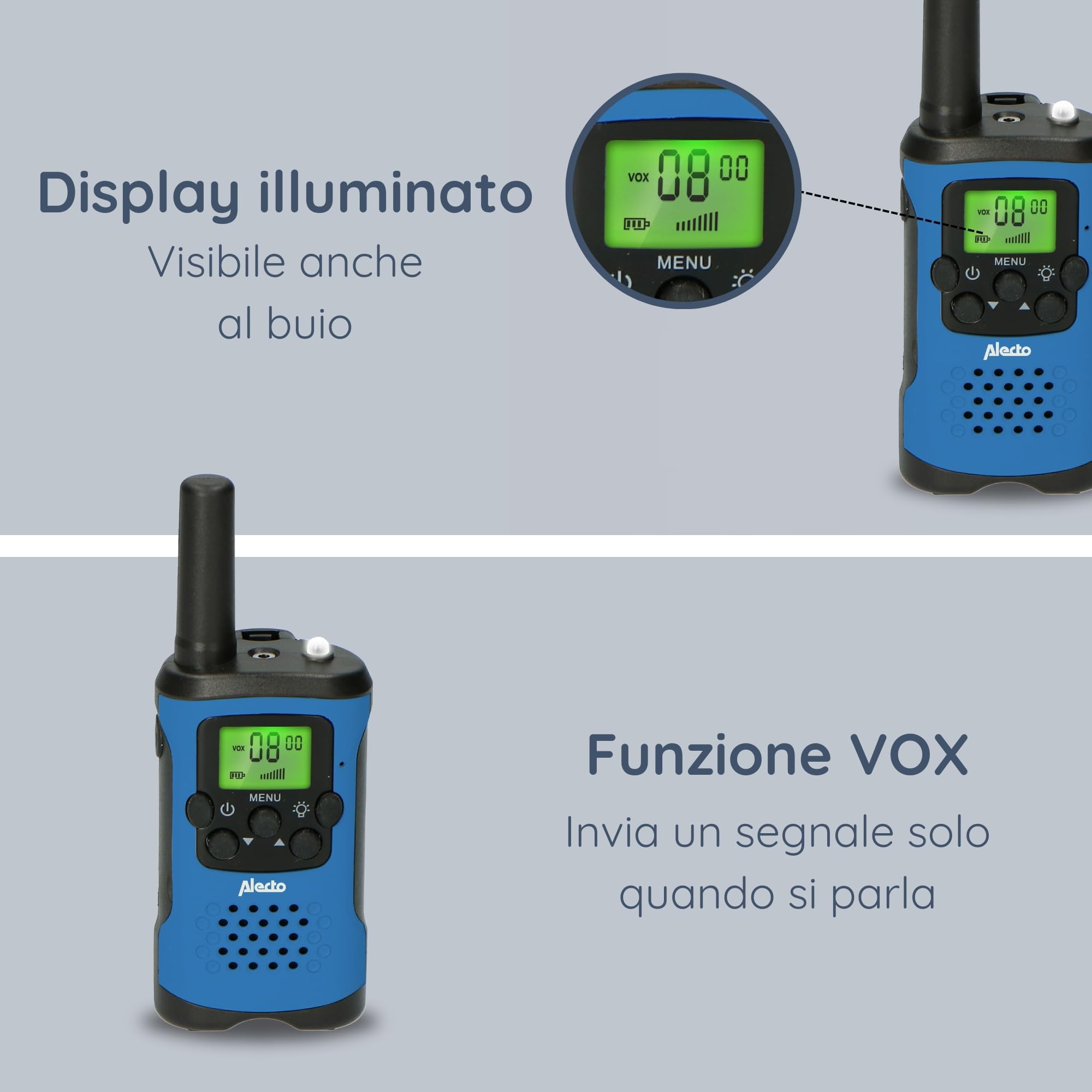 Alecto FR175BW Set di Due walkie Talkie - Talki Walki con Portata Fino a 7 km - Walky Walky per Bambini con 8 canali - Blu/Nero