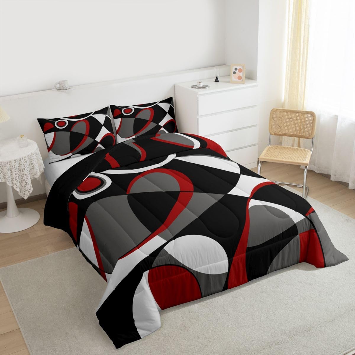 Red Grey Black Geometrics Comforter Retro Circle Geometrics Comforter Set Geometric Swirl Bedding Set for Kids Boys Girls Modern Abstract Art Duvet Set Room Decor Quilt Full Size Boys