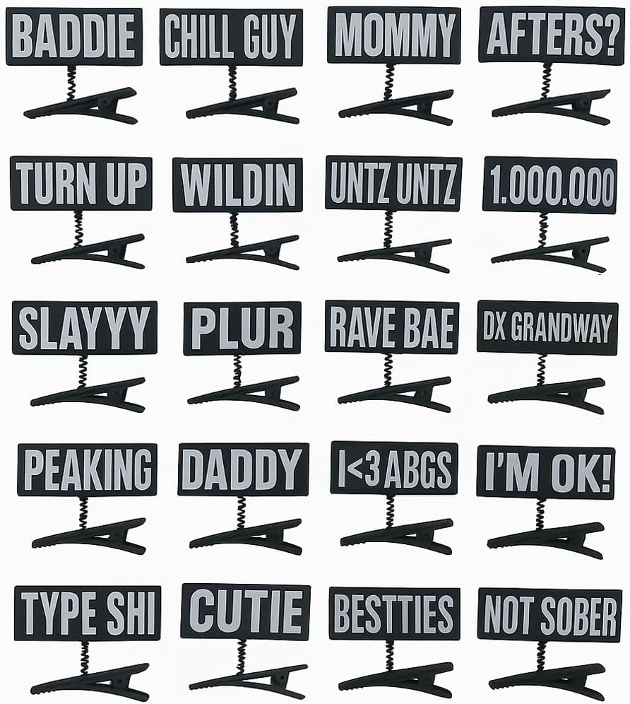 50PC WORDS Word Clips for Hair Word Sprout Pack Black White Funny TikTok Sprouts Trendy Phrases Slang Rave Plur Festival EDM Concert Cute Small Hairpins Headwear Hair Accessories