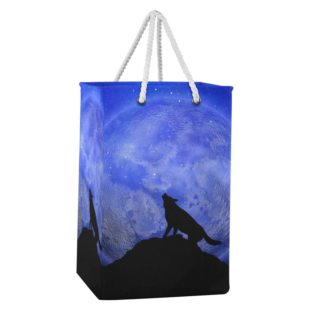 Bolsa de lavandería grande con asas de transporte para ropa sucia de Halloween Lobo aullando Luna