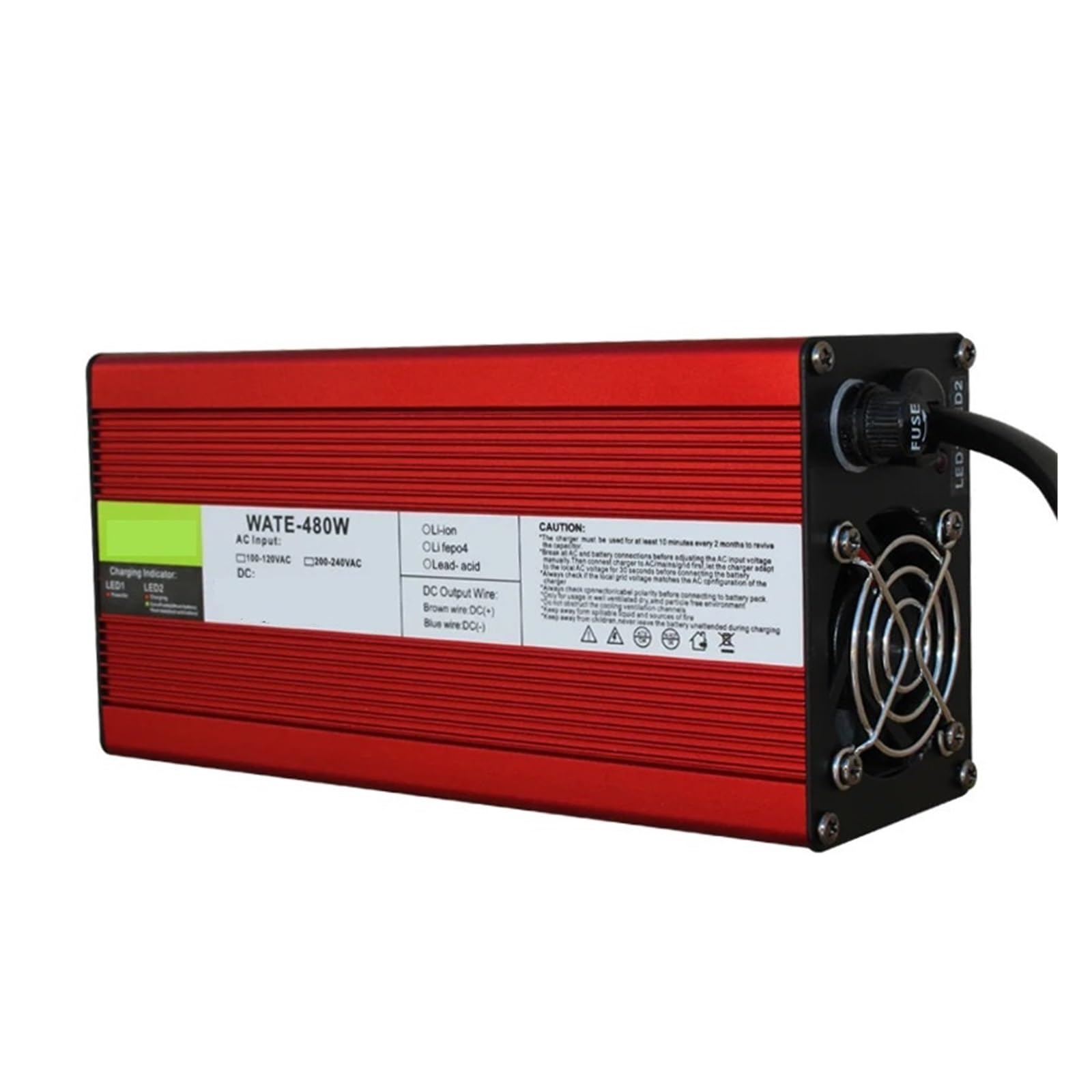 Cargador de Litio Lifepo4-cell Corriente Cargador de batería de Iones de Litio de 54,6 V y 8 A, 13 s, 48 ​​V, Salida con Ventilador de refrigeración, Carcasa de Aluminio Rojo(3P GX16,E+U)