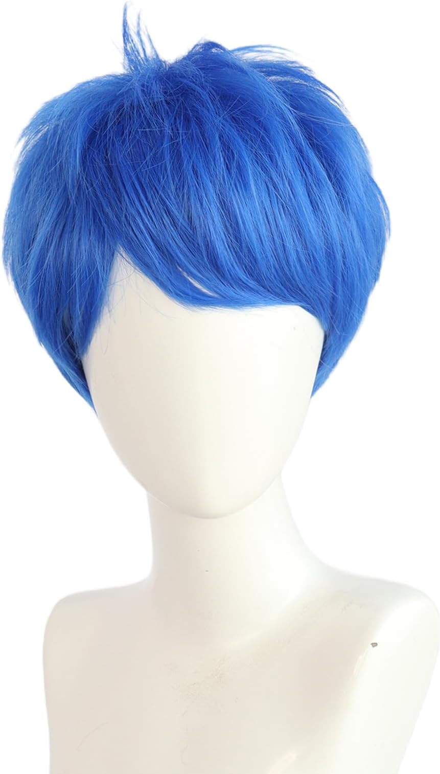 Unisex Short Blue Wig, Pixie cut Synthetic Hair for Joy Anime Costume Cosplay Party, Comic-Con, Comes with Wig Net Cap; 55TNL