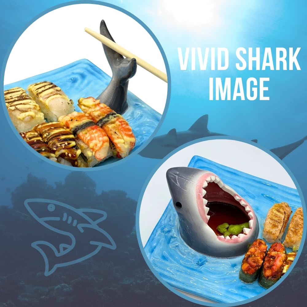 Shark Sushi-Teller und Sojasaucenschalen, handbemalt, Keramik, Serviertablett mit Essstäbchenablage (Blau, 33 x 20 cm)