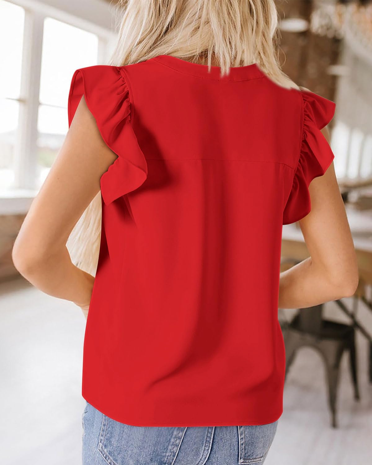 Zenlonr Womens Summer Tops 2026 Casual V Neck Ruffle Cap Sleeve Blouse Shirts Solid Color Tunic Tops - Image 5