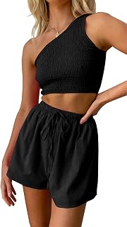 PRETTYGARDEN Women's 2 Piece Summer Outfits Casual One Shoulder Crop Top and High Waisted Shorts Loungewear Set