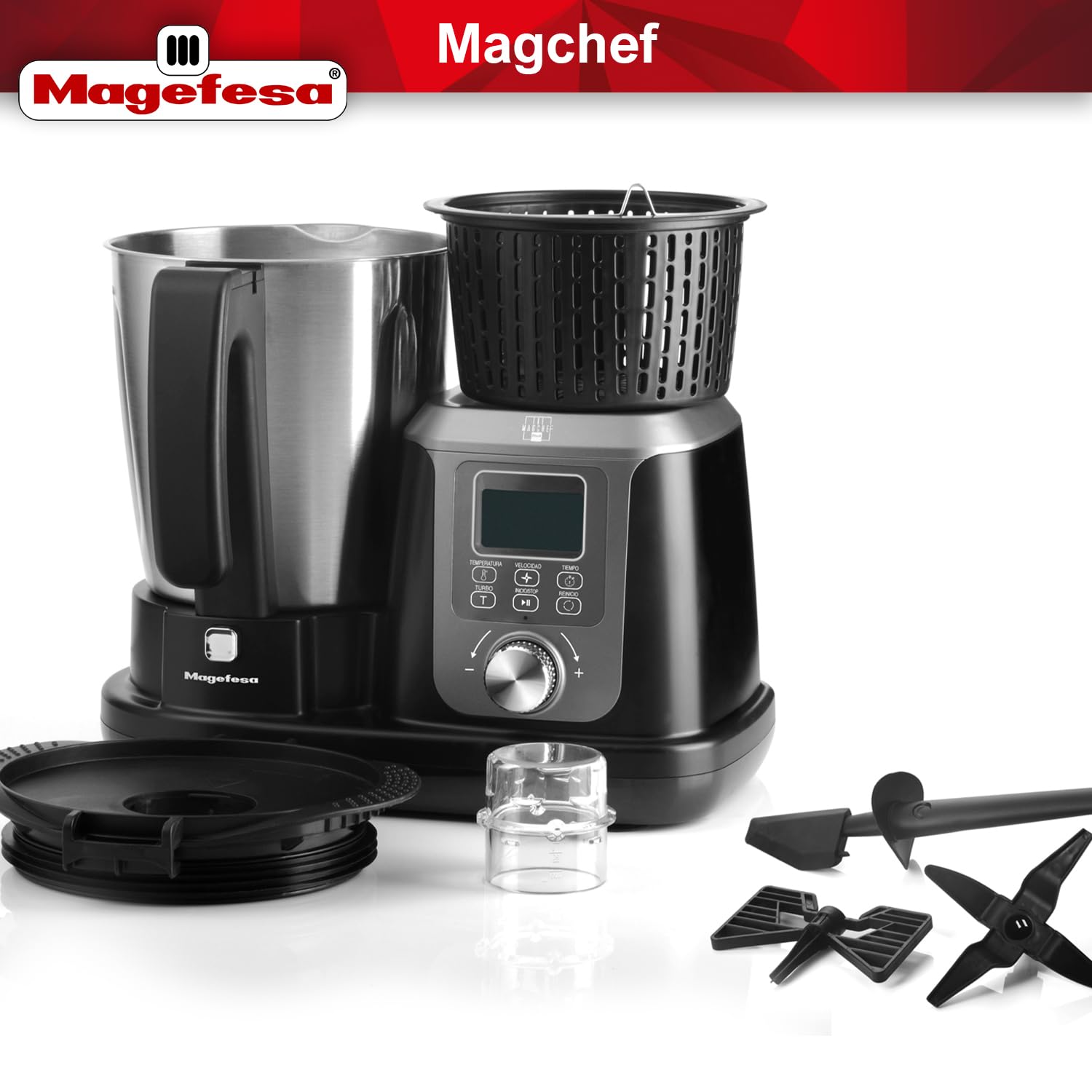 Magefesa Magchef - Robot de Cocina Multifunción Negro, 3.3L, 23 Funciones, Incluye Recetario, Espátula, Batidor, Protector de Cuchillas, Vaso Medidor