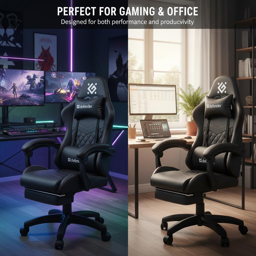 Defender® Gaming Stuhl, Ergonomischer PC Stuhl, bequemer Bürostuhl für Home Office oder Gamer-Sessel, Kopfkissen, Höhenverstellbar, Computerstuhl, PVC-Leder, Schwarz
