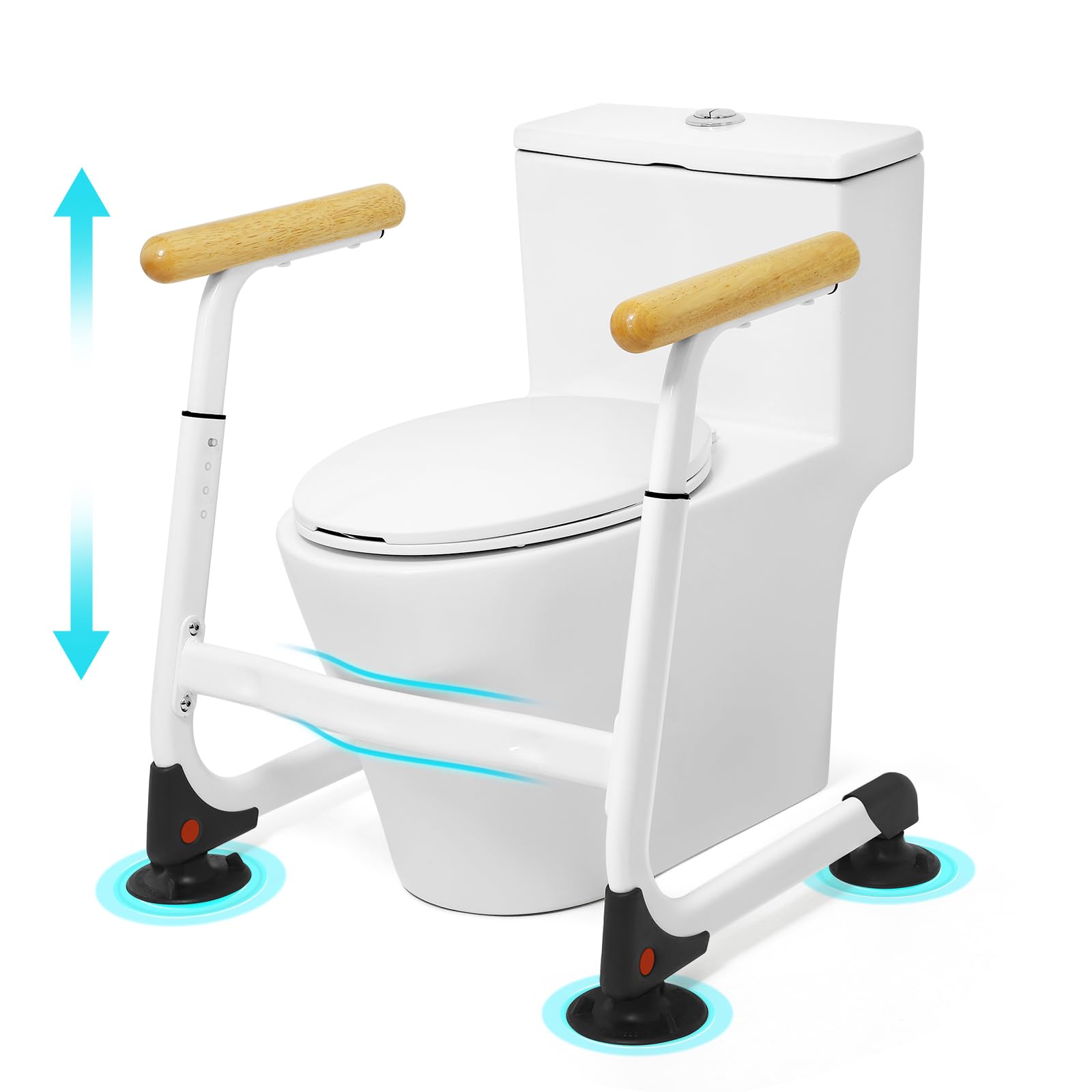 Toilet Safety Rails (350LBS), Adjustable Height Toilet Safety Frame for Elderly and Disabled, Stand Alone Toilet Safety Rails for Seniors, Handicap Toilet Rails Fits Most Toilets, Wood Color