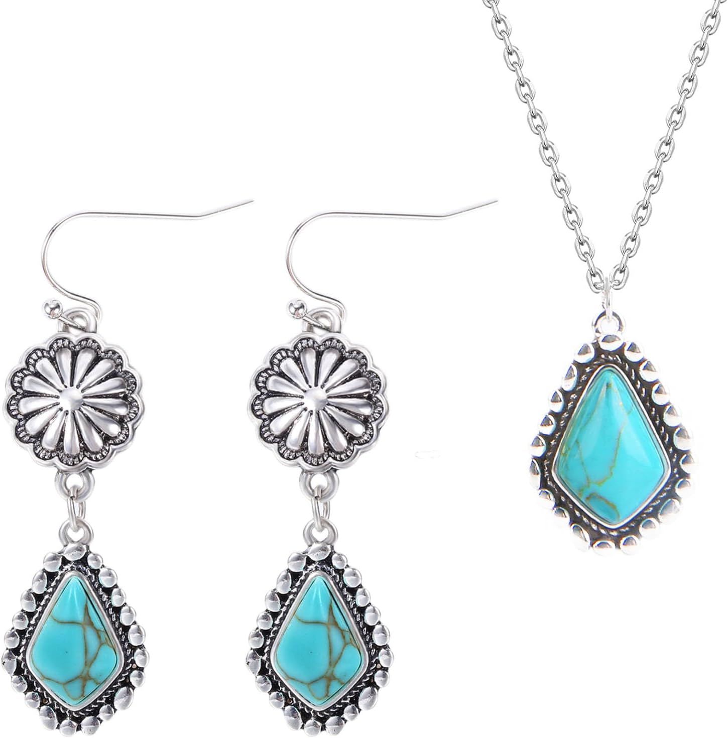 Colloca Turquoise Dangle Earrings & Necklace Set for Women, 925 Sterling Silver Western Bohemian Necklace, Boho Jewelry, Gift Box included
