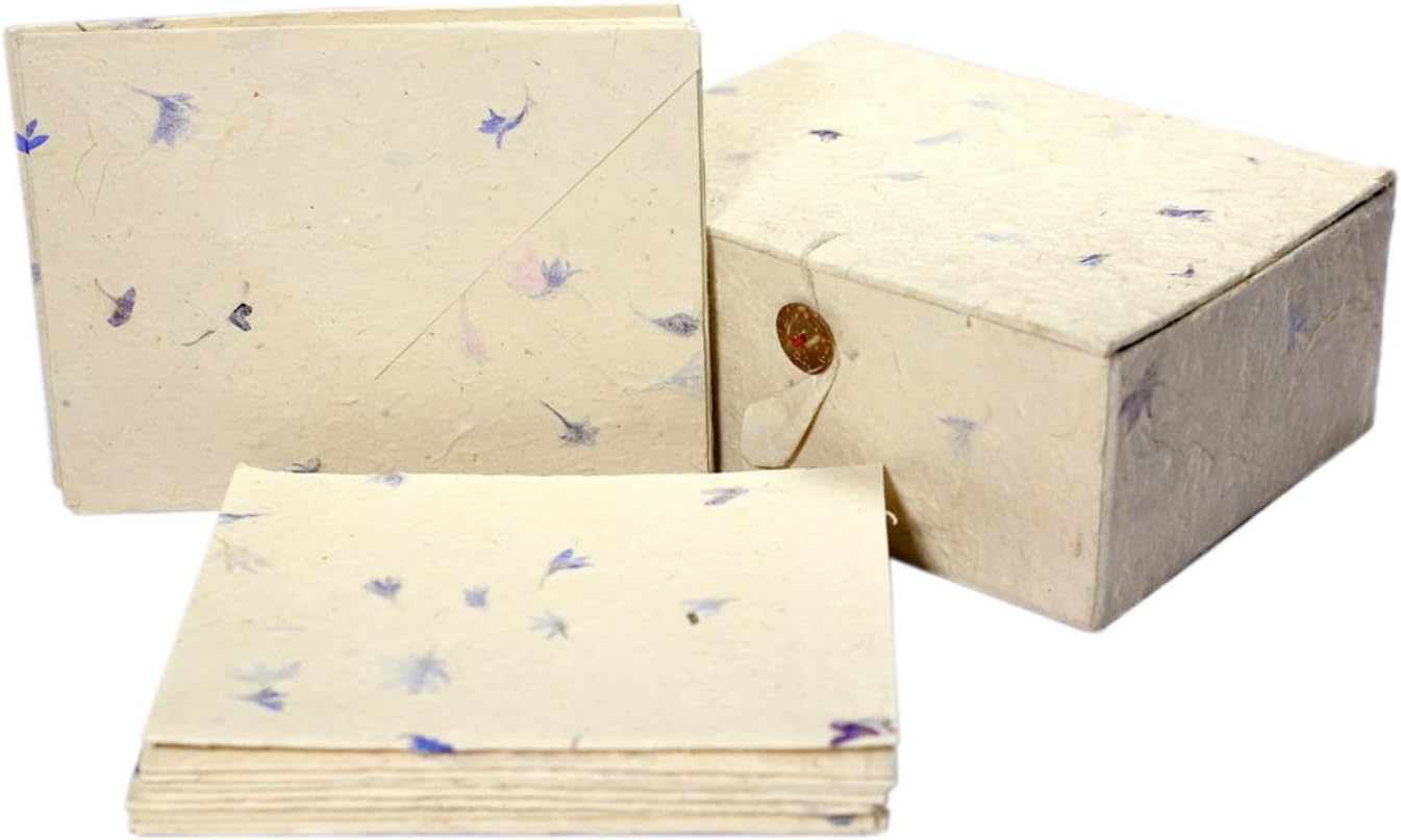 Jacaranda Lokta Greeting Cards - 15 Ecofriendly Handmade Blank Vintage Cards & Envelope Box Set - Made in Nepal - Ribbon Packed Gift Set - Premium Paper Cards for Birthday, Wedding, Thank You