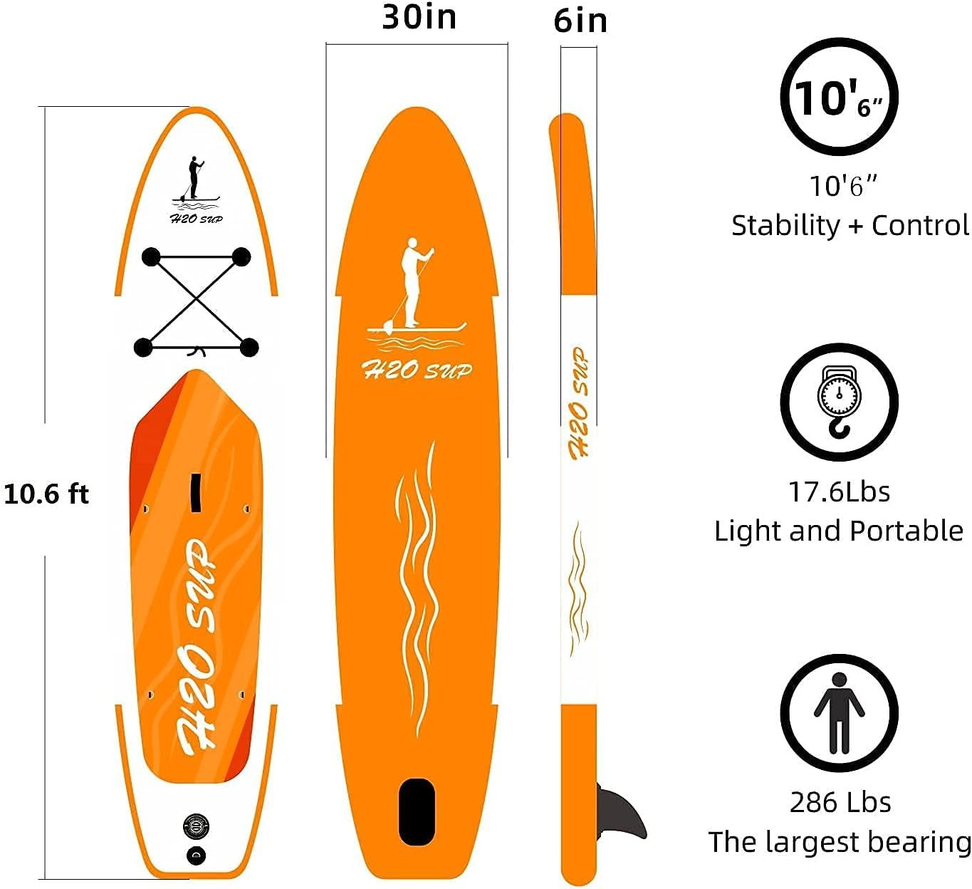 H2OSUP Inflatable Paddle Boards,10'6" x 30" x 6" Stand Up Paddle Board with Backpack,Durable SUP Accessories,Extra D-Rings for Kayak Seat & Non-Slip Deck SUP Boards for Adults