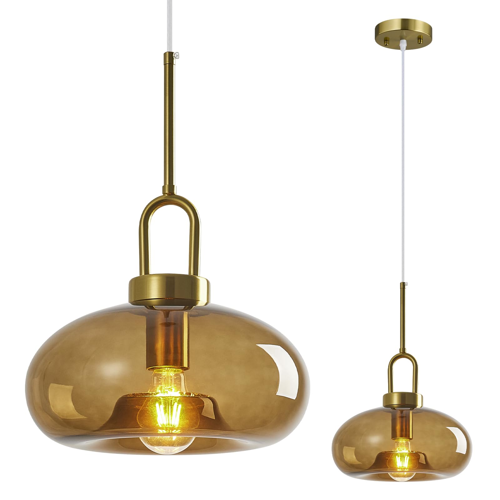 Photo 1 of LBSQJ Brown Glass Pendant Lights Kitchen Island Gold Pendant Light Fixtures Adjustable Height Modern Pendant Lighting for Bedroom Dining Room (1-Pack)
