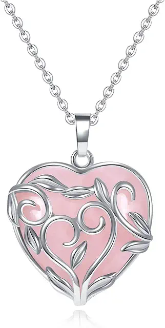Silver Rose Quartz Heart Crystal Necklace - Healing Stone Jewelry for Women