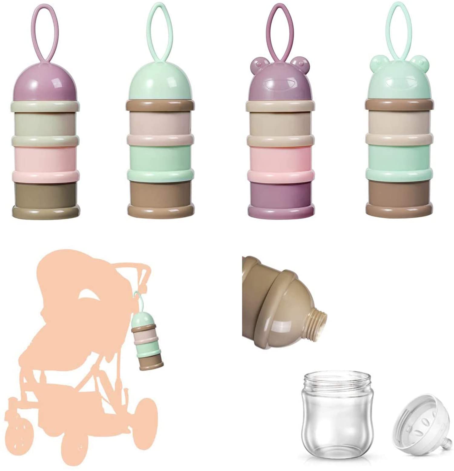 Milk Powder Dispenser, 4 Pack Airtight Portable Cute Shape, Milk Powder Container Non-Spill Baby Kids Snack Storage Container 3-Layer Milk Powder Box for Travel and Outdoor Activities Feeding