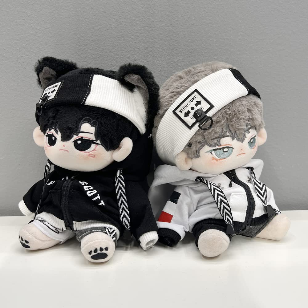 niannyyhouse 20cm Pluche Poppen Kleding Losse Zwart-Wit Pak Hoofddeksels Hoodie Broek Bril Schoenen Pop Dressup (Zwart, 20cm