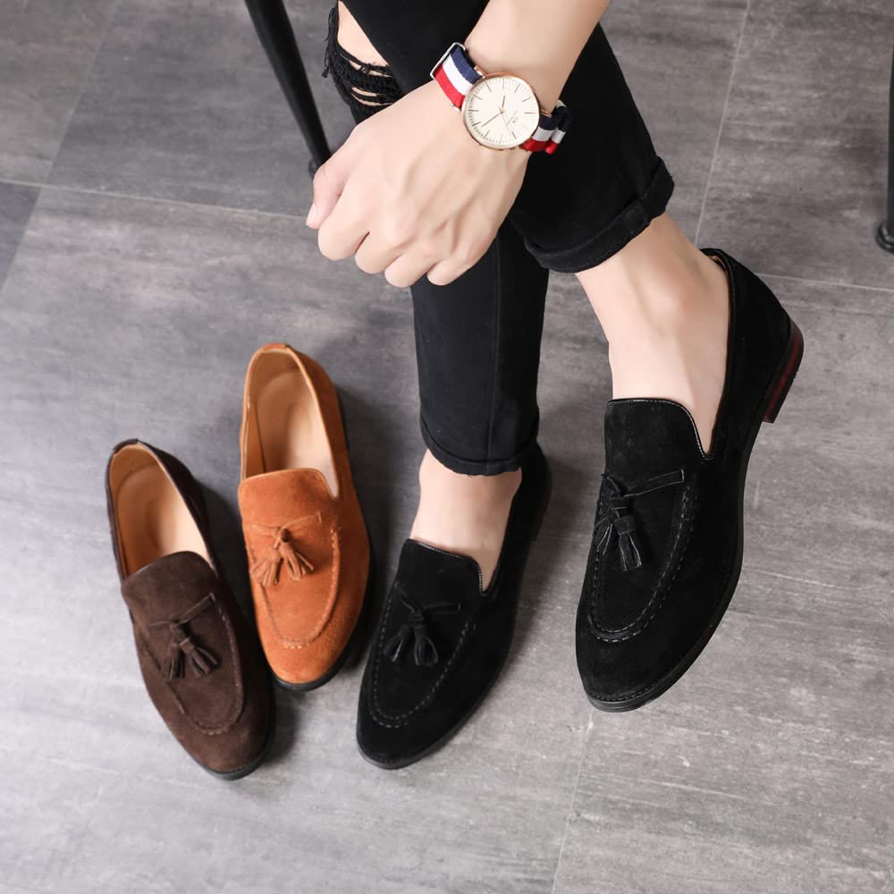 MANLADUO Mocasines de piel de ante para hombre, estilo británico, con borlas y diseño sin cordones