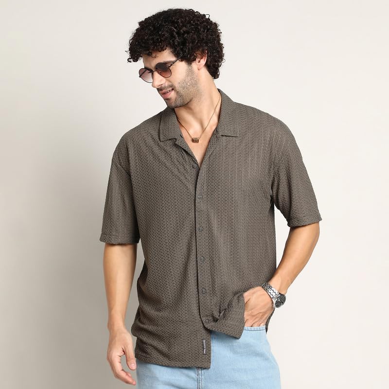 Image of CAHOOT Men's Oversized Shirt for Casual Wear | Cuban Collar | Short Regular Sleeves | Button Closure | Oversized Shirt Crafted with Comfort Fit for Everyday Wear