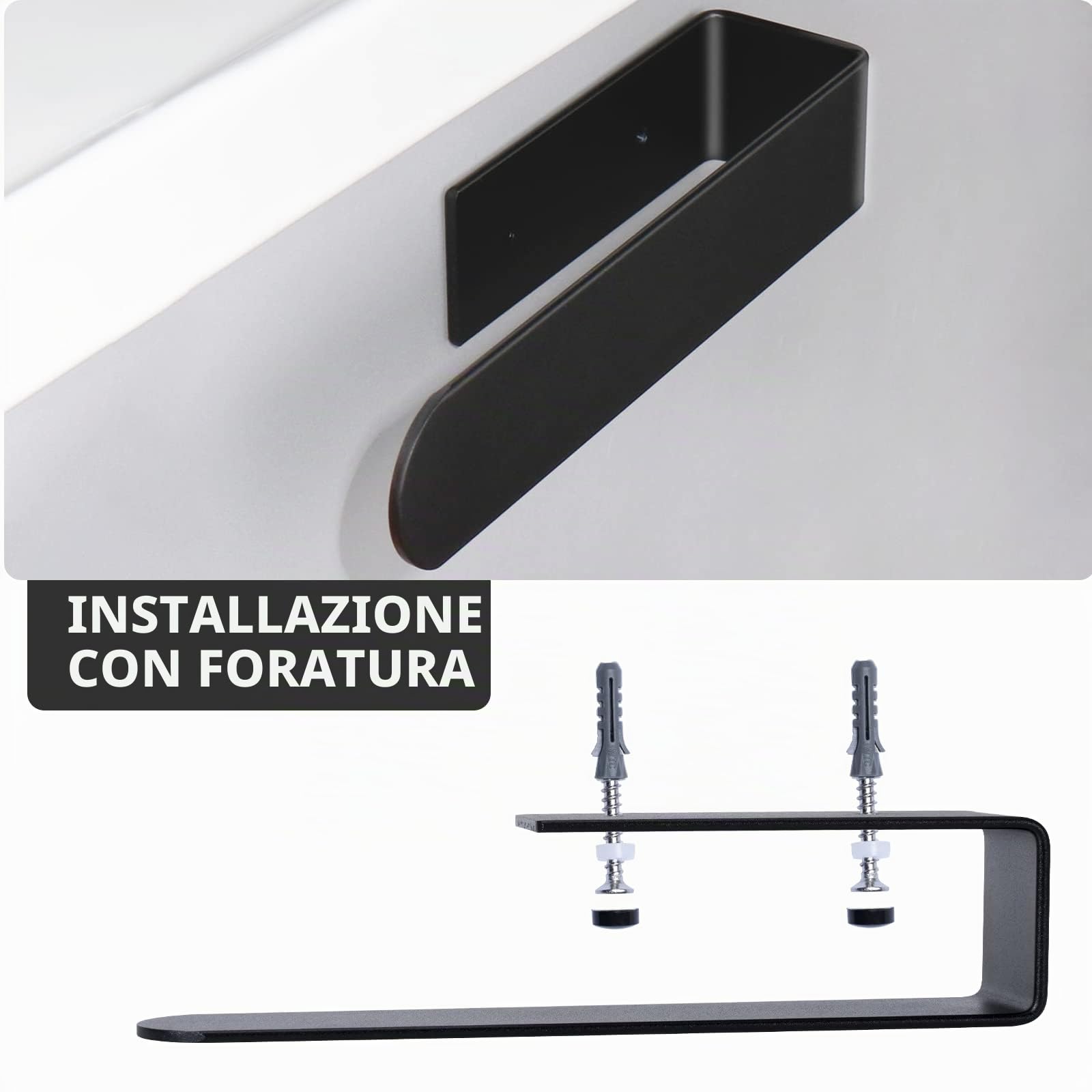 BillyBath Portasciugamani Bagno Nero senza foratura, strofinacci, porta asciugamani ospiti, porta asciugamani da bagno, supporto autoadesivo per cucina e bagno (20 cm)