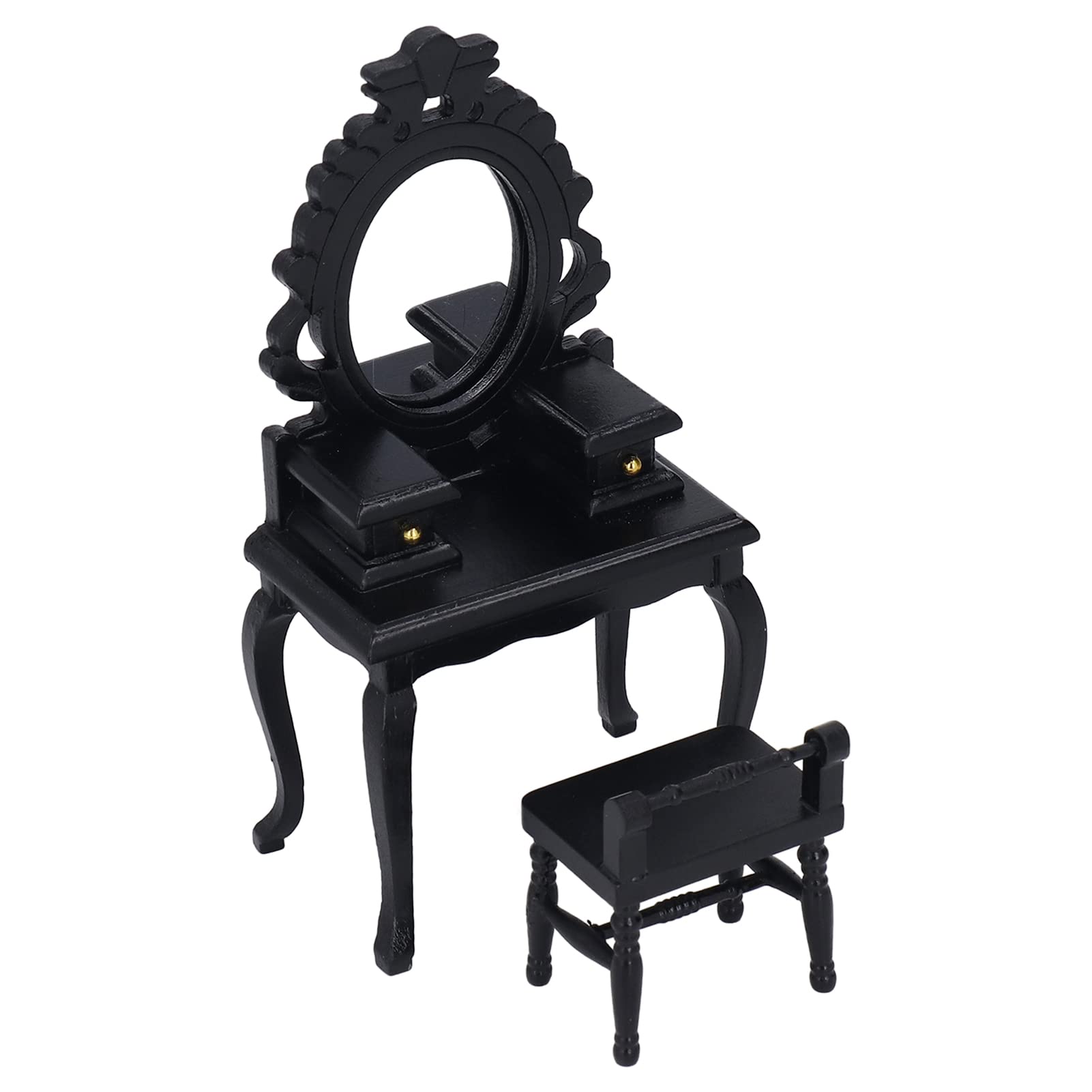 Mini Dressing Table with Chair, 1:12 Dollhouse Dressing Table Stool Miniature Bedroom Furniture Model Decoration DIY Dollhouse Accessory for Girl Kids Gift (Black)