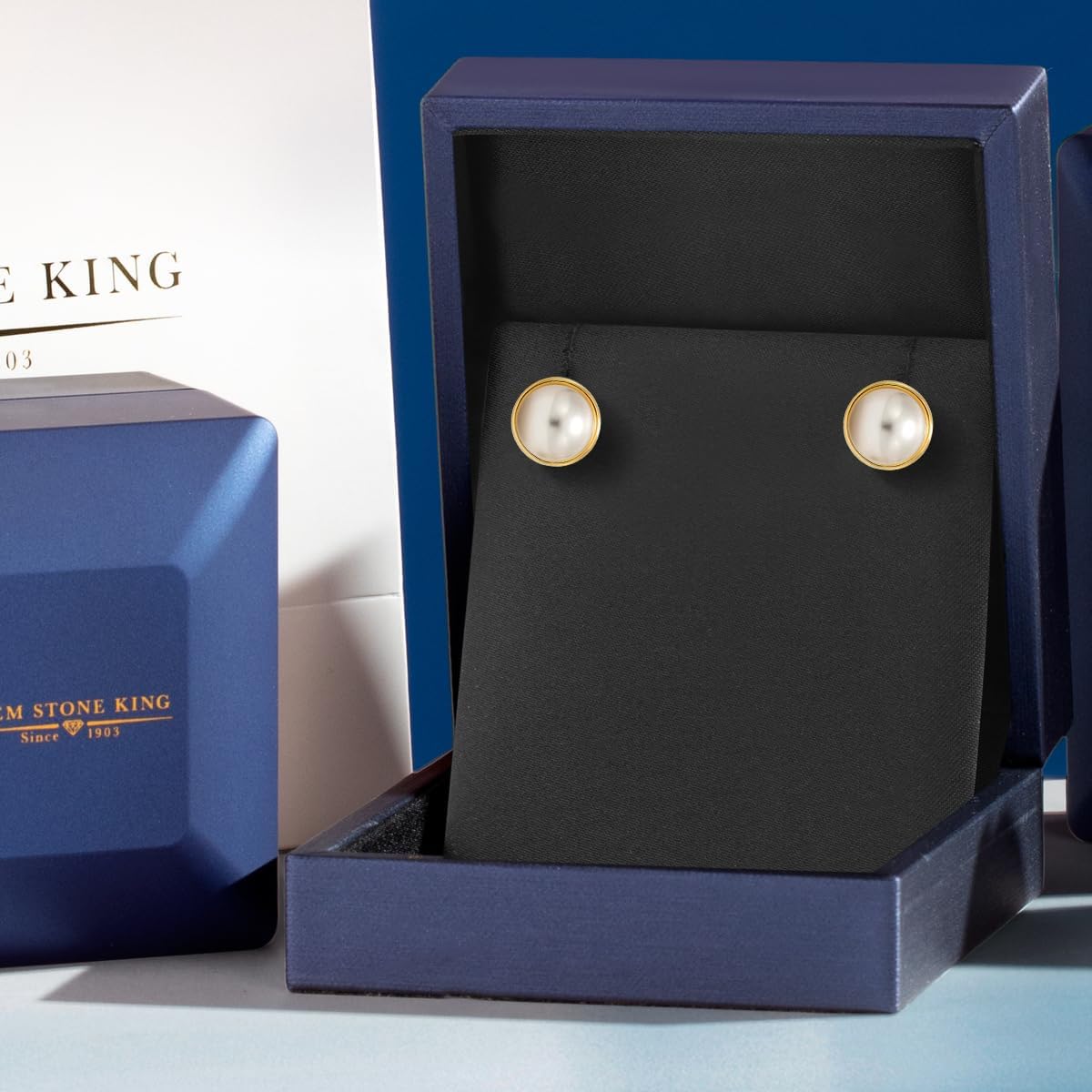 Gem Stone King 14K Yellow Gold 8MM White Button Shape Cultured Freshwater Pearl Stud Earrings For Women | Fine Jewelry Gifts for Her Mom Women Wife