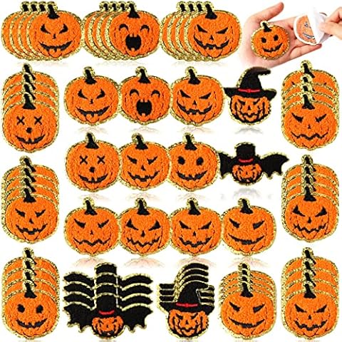 60 Pieces 2.5 x 2.35 Inch Halloween Pumpkin Self Adhesive Patches Chenille Pumpkin Style Patch Halloween Glitter Chenille Embroidered Appliques Patches for DIY Clothing Backpacks Hat Party Decorations Cover