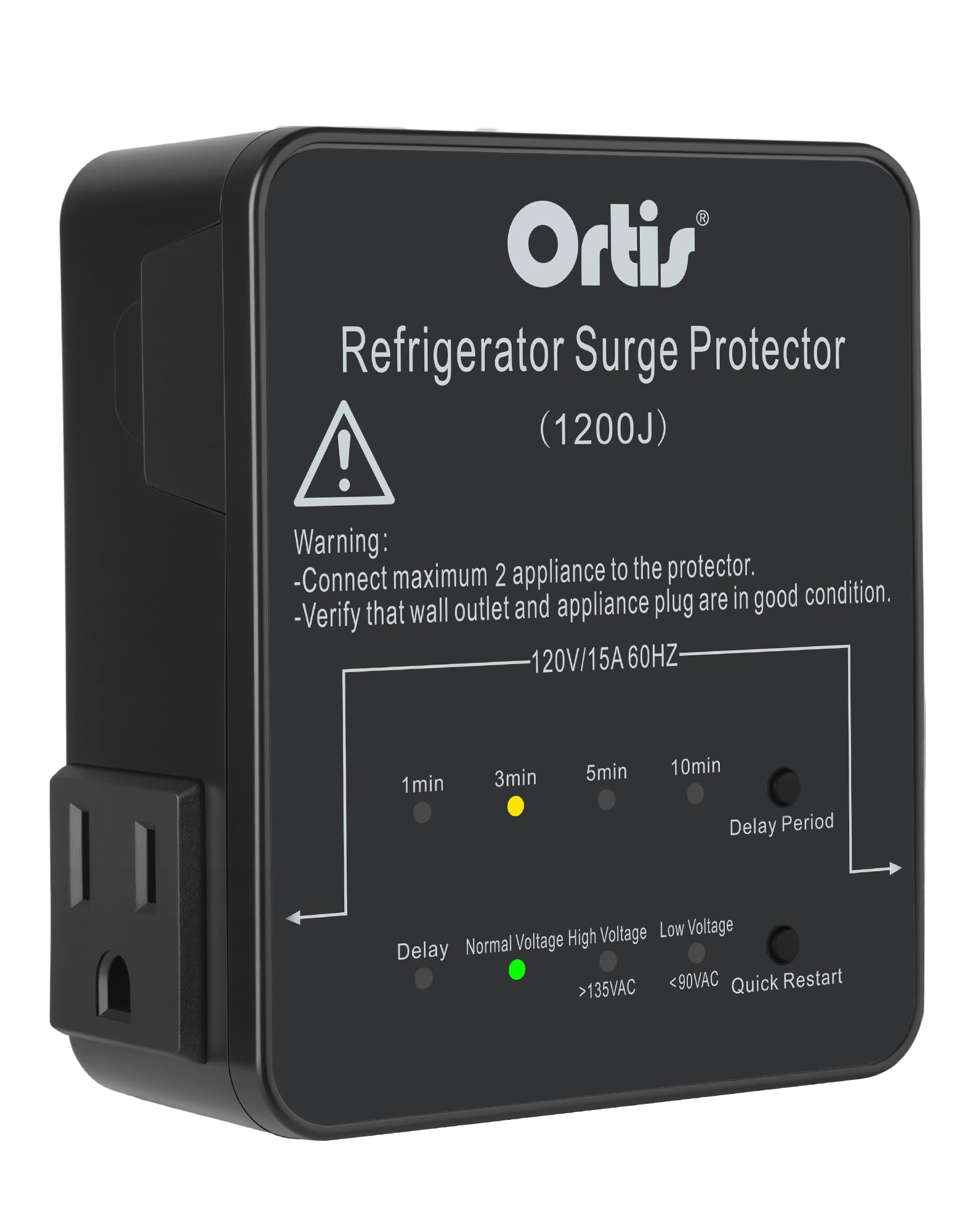 Photo 1 of Refrigerator Surge Protector 2-Outlet 1200J - Ortis Voltage Protector for Refrigerator with Delay Start, Quick Restart & LED Indicator, Side Plug, Fridge Guard for Large Fridge 27+ Cu.Ft, Black