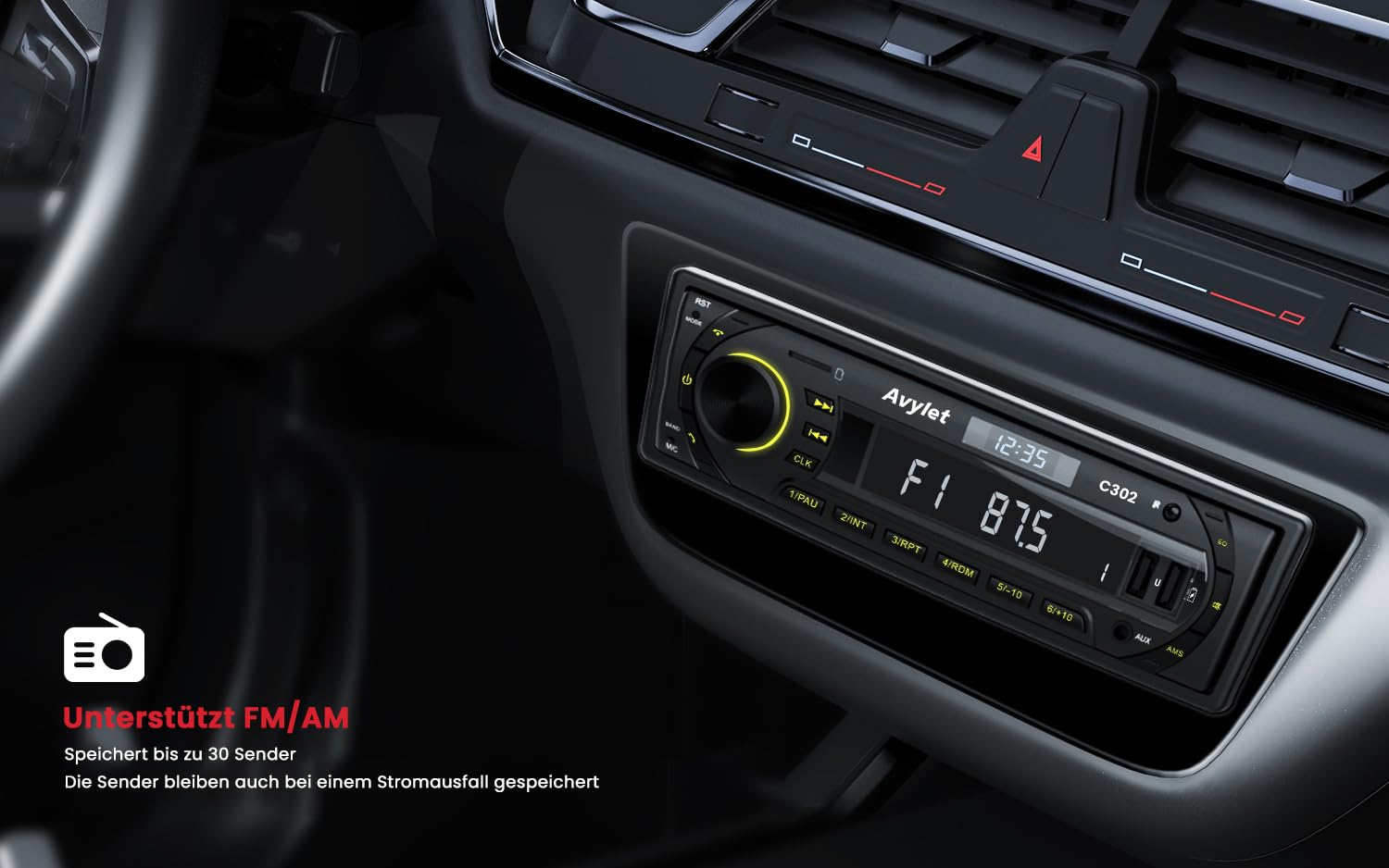 Autoradio Bluetooth 5.0 Vivavoce FM/AM, Avylet Radio Stereo 1 DIN, Supporta Basso Profondo/Luce a 7 colori/Chiamata a mani libere/AUX-IN/CARD/Chiavetta USB, Telecomando, 60W X 4, Ricarica rapida