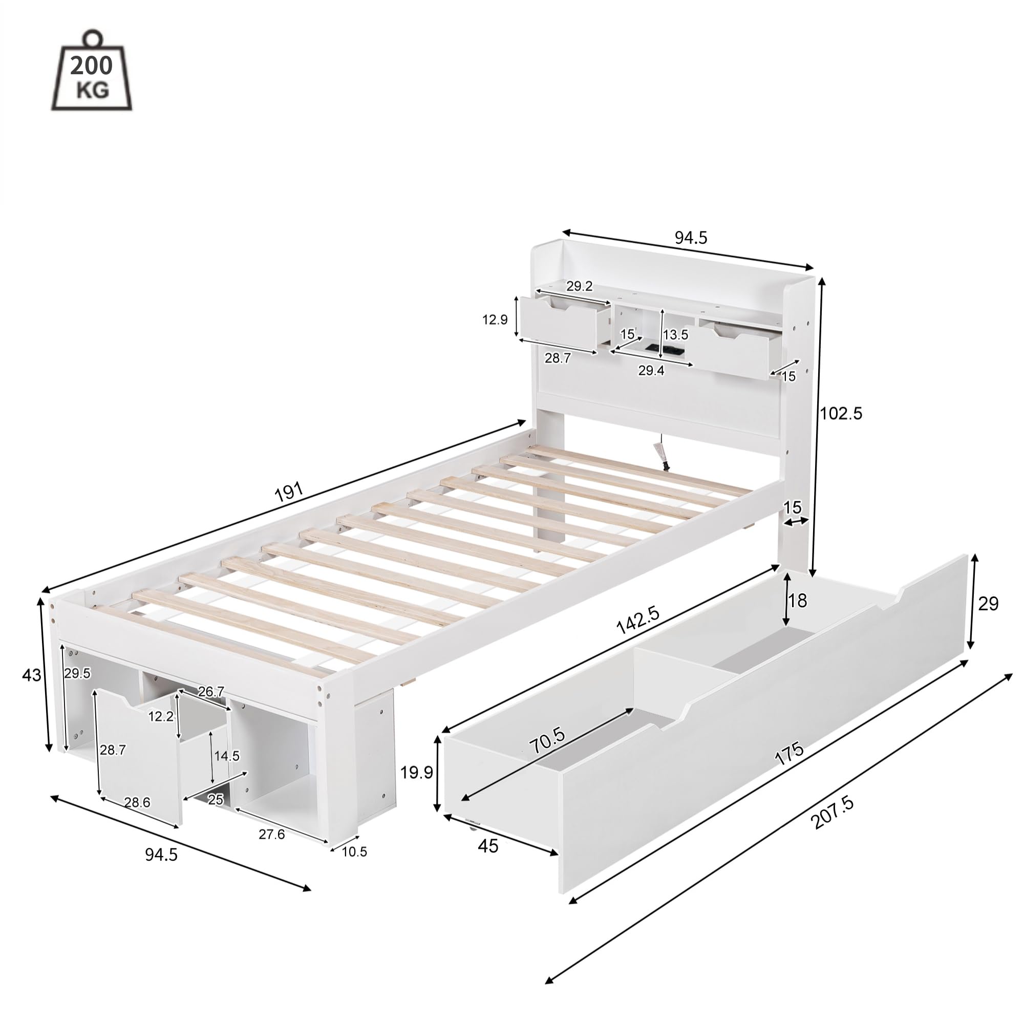 Sapgaks - Cama de 90 x 190 con cajones USB y espacio de almacenamiento en el extremo, cama individual de 90 x 190 cm, con somier y espacio de almacenamiento y somier de láminas, marco de cama para