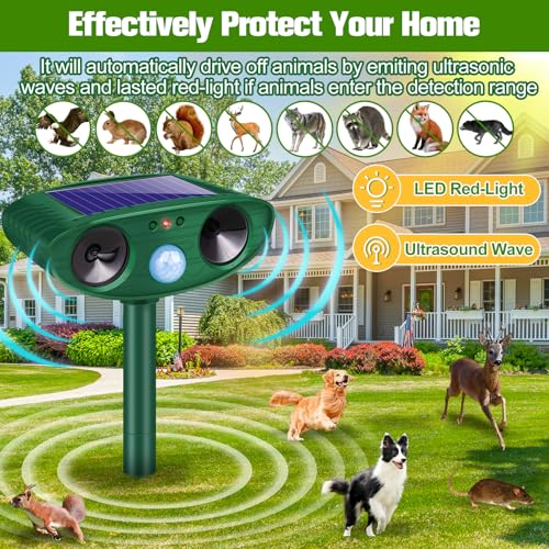 Ultrasonic Animal Repellent Outdoor, 2024 Newly Solar Powered Animal Repeller, Waterproof Cat Repellent Outdoor with Motion Sensor to Repel Squirrels, Raccoon, Rabbit, Fox & Skunk Out of Yard 2Pack