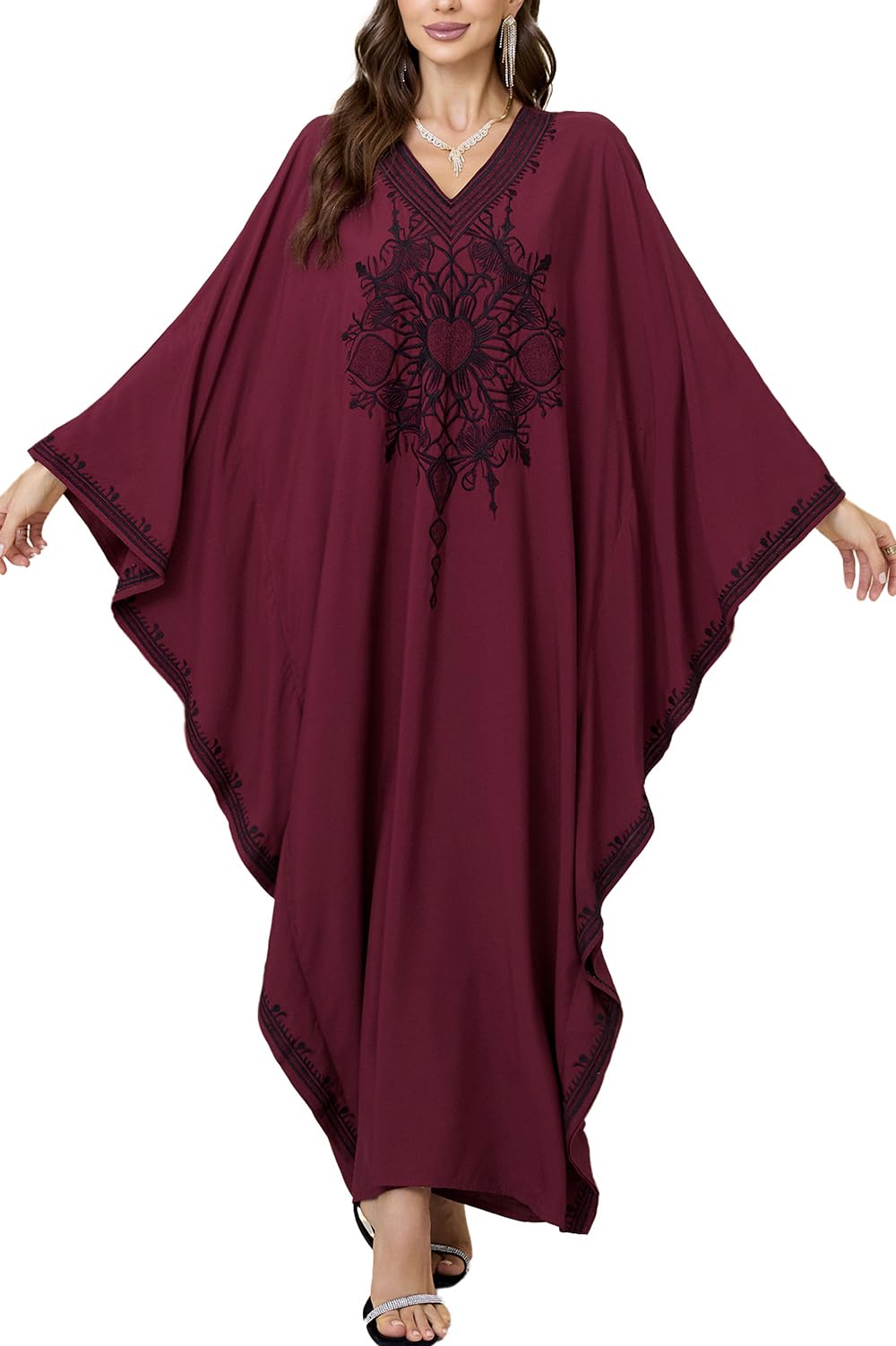 L-Peach Women's Cotton Floral Embroidered Long Dress Kimono Beach Cover ups