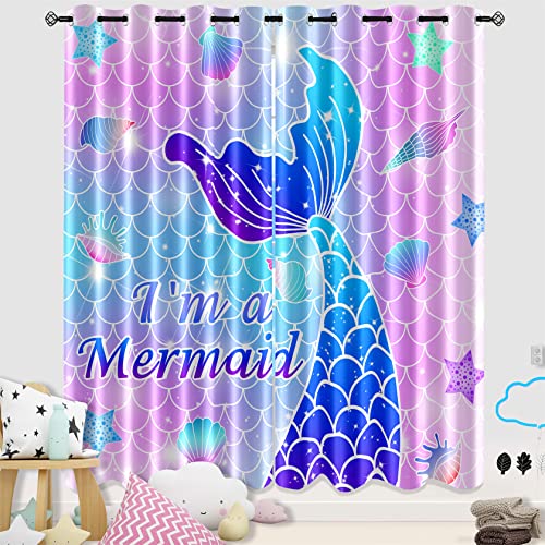 Kossmjx Mermaid Curtain Panels for Girls Room 2Pcs, Pink Cartoon Blackout Curtains 84 inch Length for Girls Bedroom Nursery Room Grommet Top Thermal Insulated Curtains, Dinosaur Print, 82" x 84"