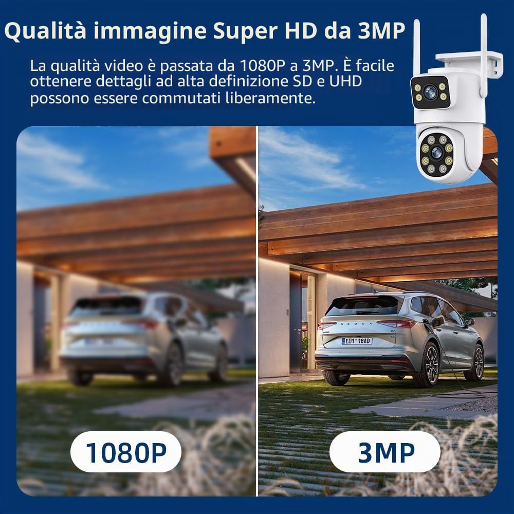 Telecamera Wi-Fi Esterno con Doppia Lente, 6 MP Telecamera Esterna IP PTZ Videocamera Sorveglianza 360° Telecamera di Sicurezza + 64 G Scheda SD Audio Bidirezionale Visione Notturna Tracciamento Auto