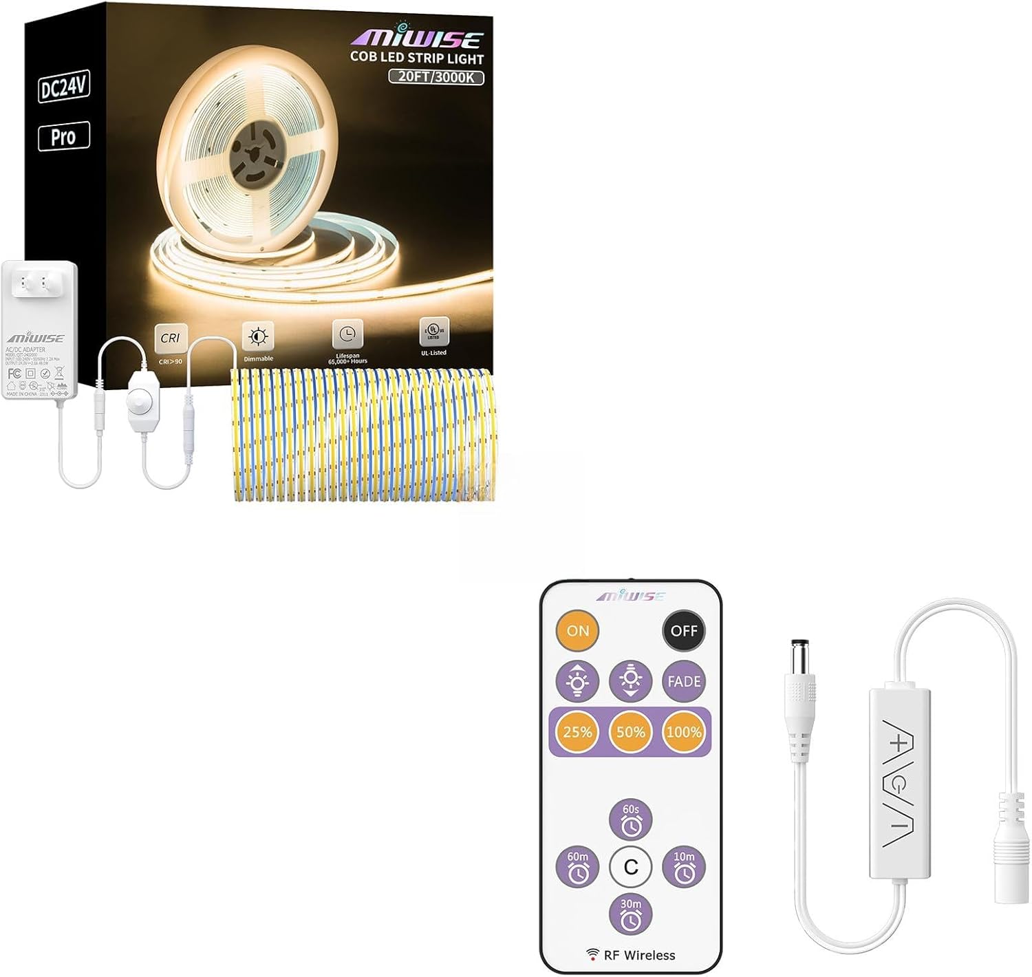 MIWISE COB LED Strip Light 20ft/6.1m,CRI 90+ Warm White 3000K High Lumen Dimmable Super Bright Flexible DC24V LED Tape Light with Controller/Dimmer,RF Remote Dimmer for Single Color LED