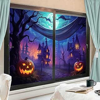 Purple Halloween Window Film Privacy Eerie Scary Pumpkins Bats Stained Glass Window Film Sun Blocking Decorative Window Covering Film for Home Office 17.7Wx23.6L-inch x2 Pcs