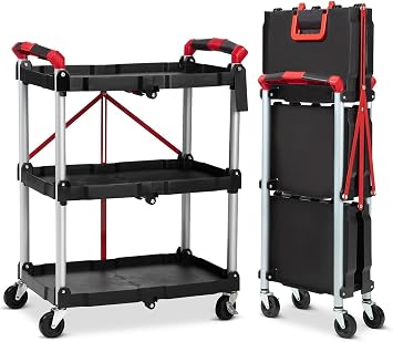 3-Tier Collapsible Service Cart with PP Shelves & Locking 360 Swivel Wheels, Portable Folding Utility Cart for Warehouse, Home, Garage & Office